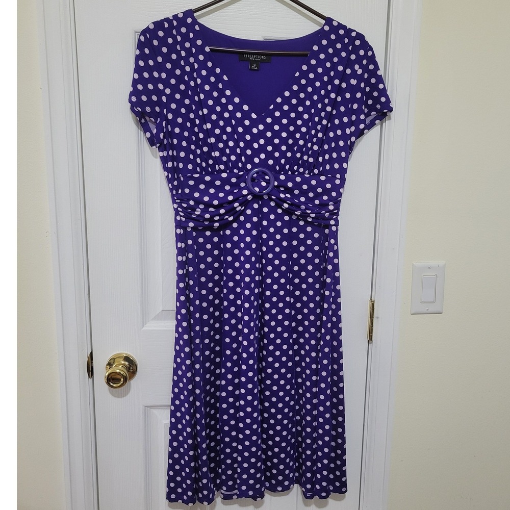 Perceptions New York Purple Polka Dot V-Neck Empire Waist Midi Dress Womens M